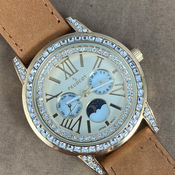 Stunning in Tan and Gold Crystal Bezel Peugeot Moonphase Watch - Picture 4 of 8